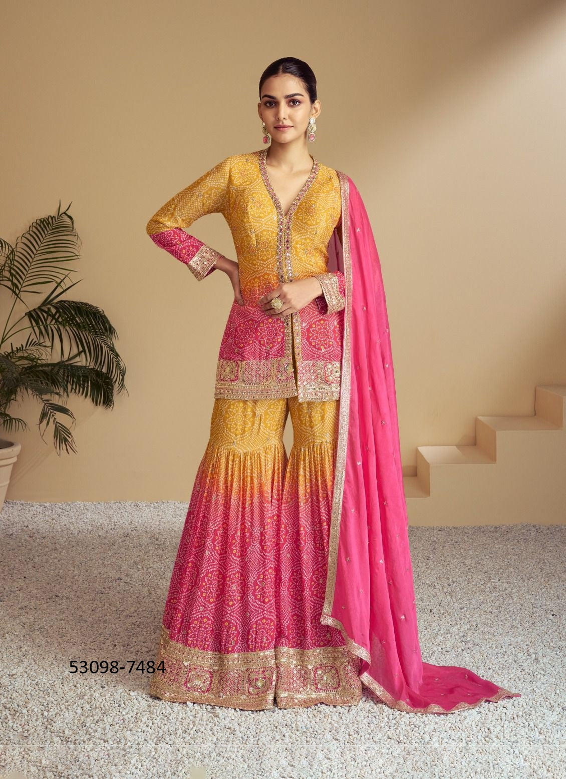 Dames Sharara Full Stitch – Fusion Designer Geel/Roze Ombré Maat 40