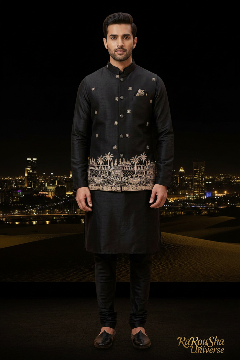 Black Gold Kurta Pajama met Koti