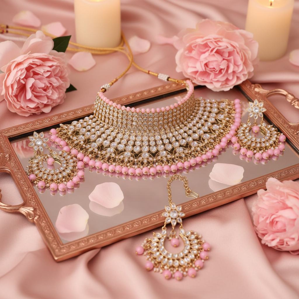 Blush Pink Choker - Pioenen met maang tikka