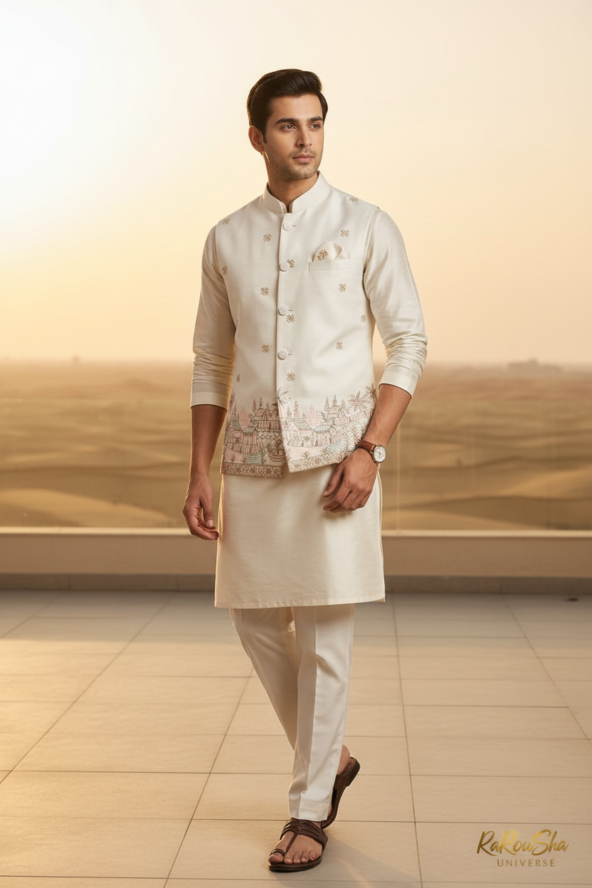 Cream Ivory Kurta Pajama Koti