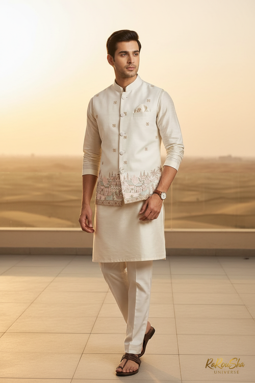 Cream Ivory Kurta Pajama Koti