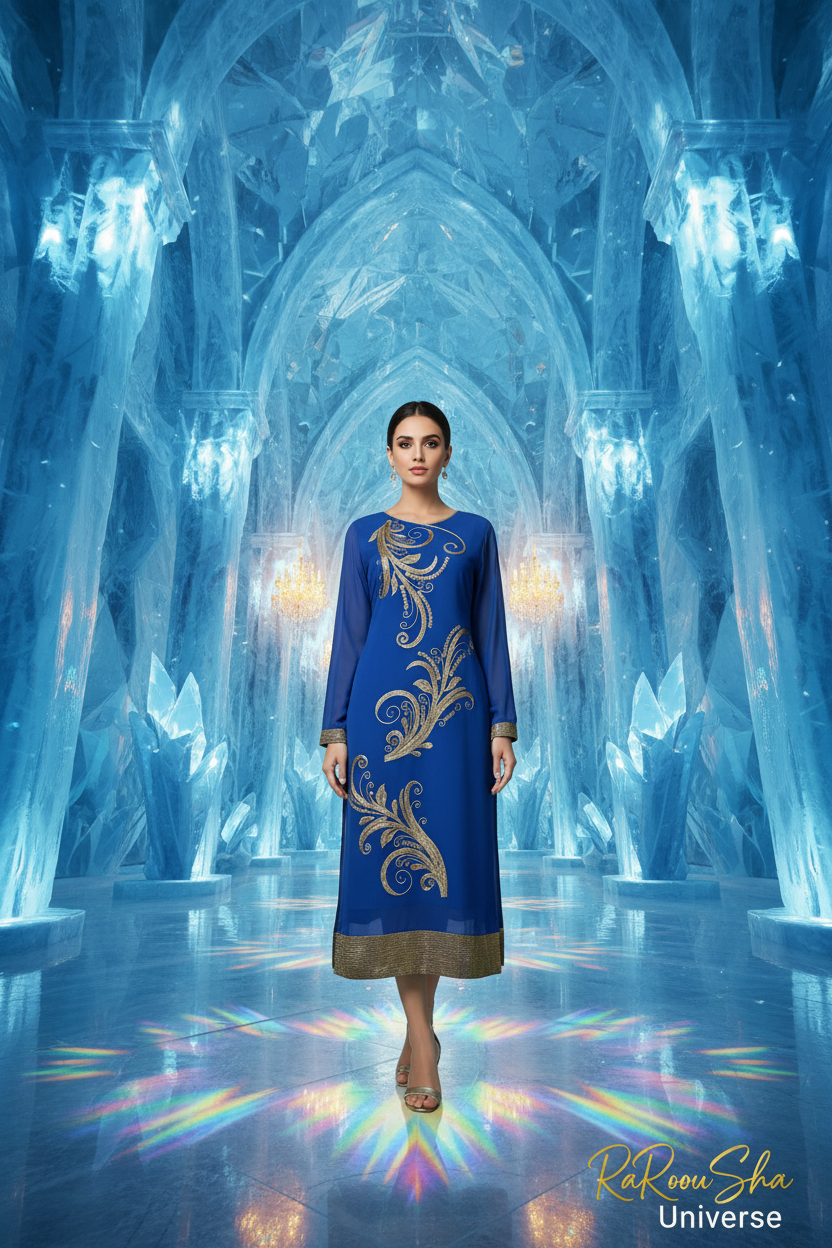 Dames Chiffon Kurti Blauw - IJspaleis met Gouden Zoom