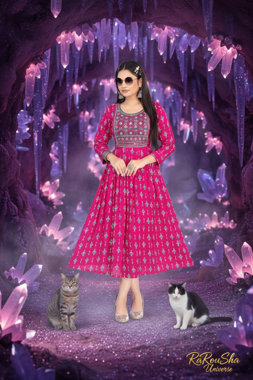 Dames Halflange Kurti Fuchsia - Kristallen Grot met Katten