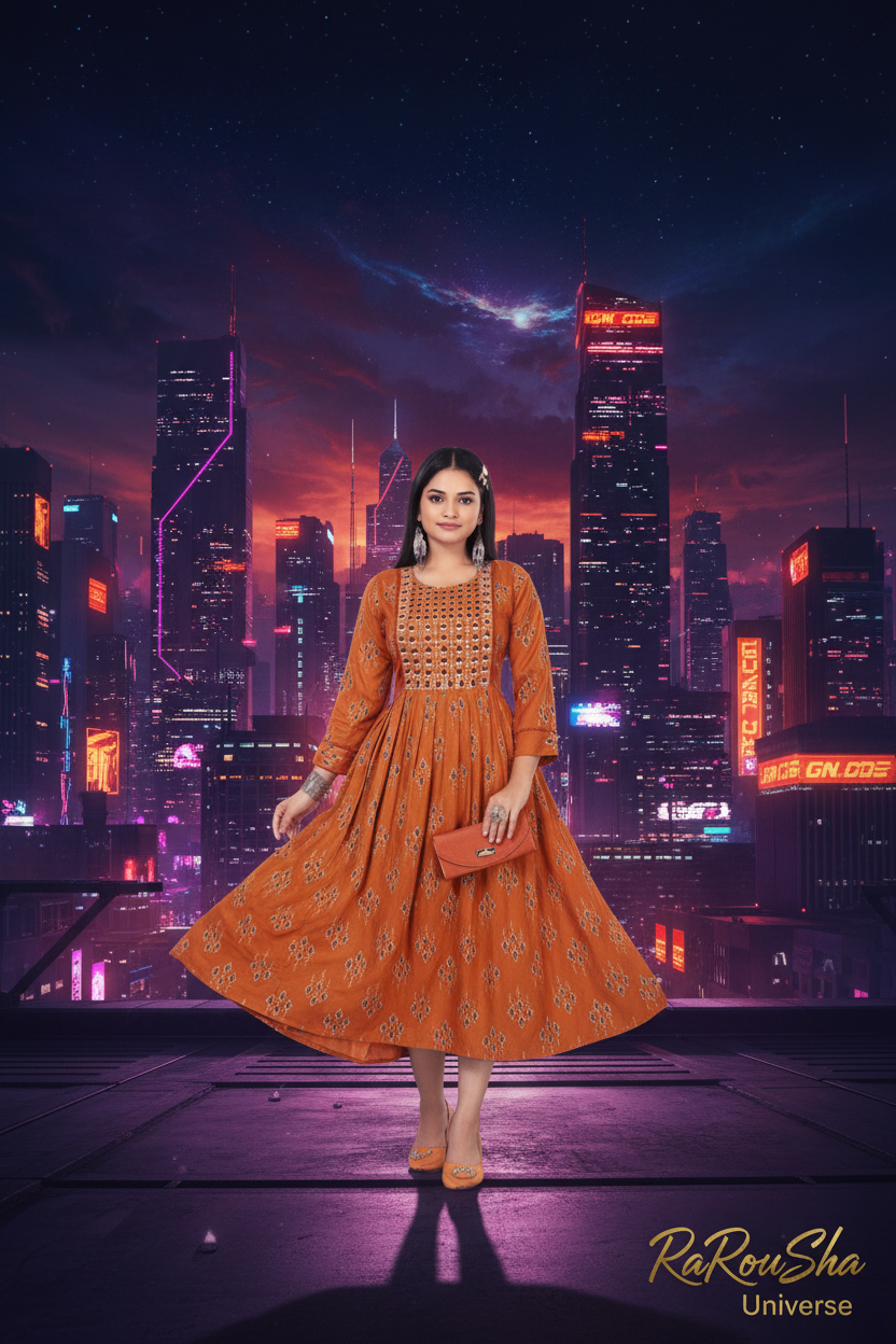 Dames Halflange Kurti Oranje - Neon City Rooftop