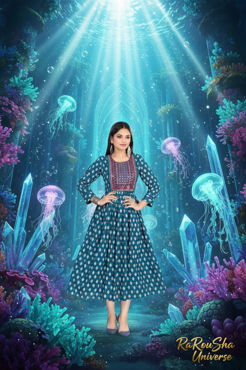 Dames Halflange Kurti Teal - Onderwater Kristallen Paleis
