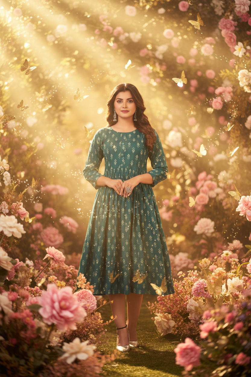 Dames Kurti Teal - Zonnige Tuin