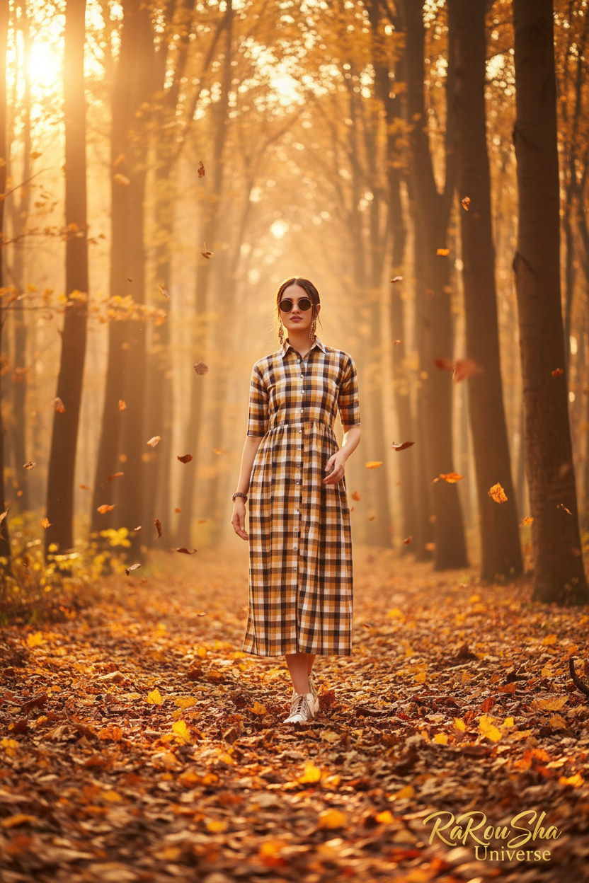 Dames Lange Kurti Beige Geruit - Herfst Bos