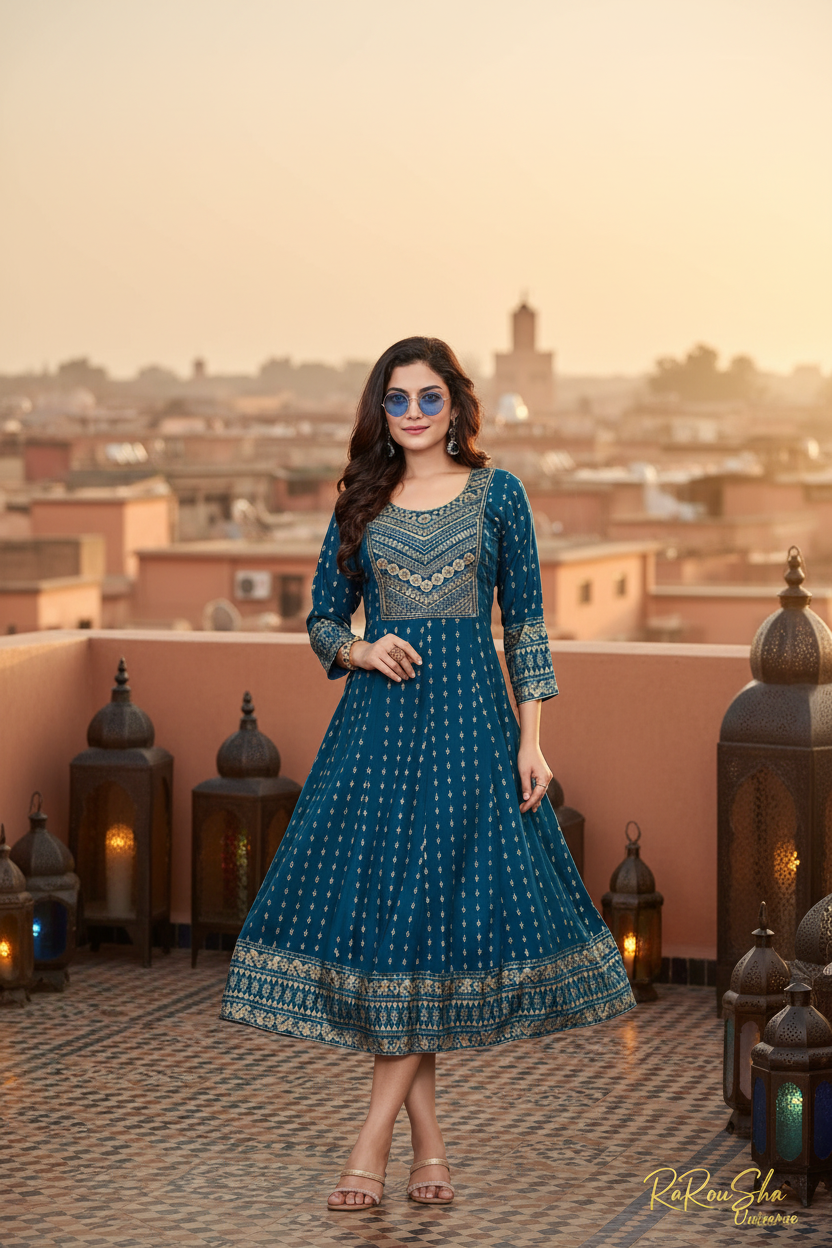 Dames Lange Kurti Petrolblauw - Marrakech Rooftop