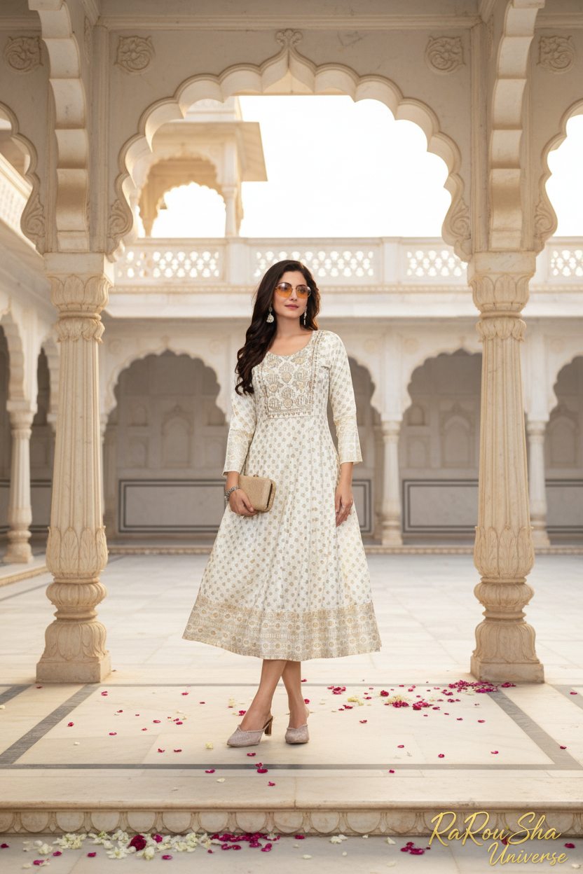 Dames Lange Kurti Wit Goud - Marmeren Paleis