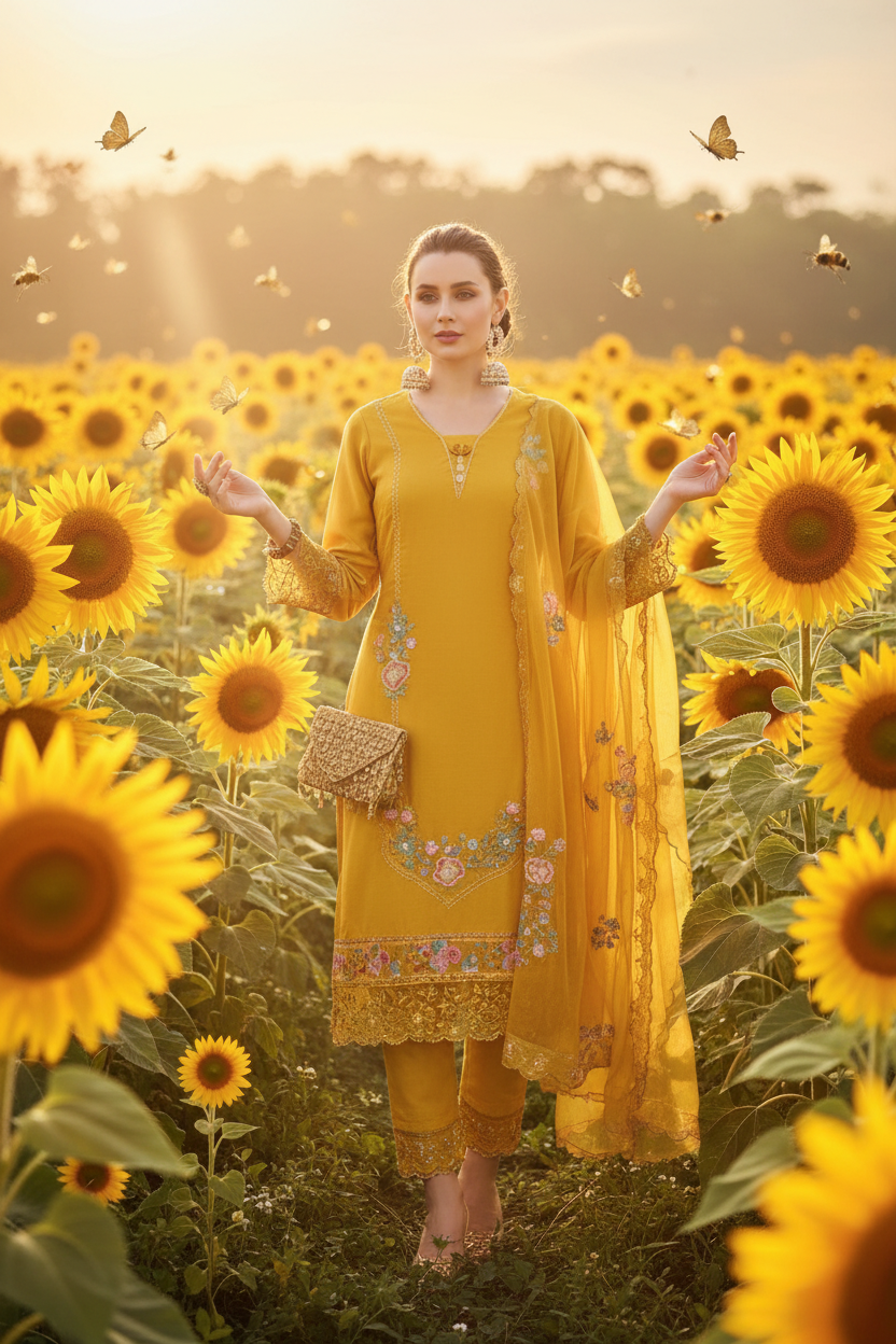 Dames Salwar Kameez Geel - Zonnebloemen