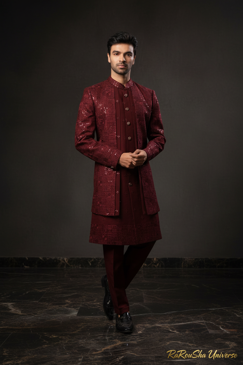 Dulha Sherwani Bordeauxrood Goud - Foto 1