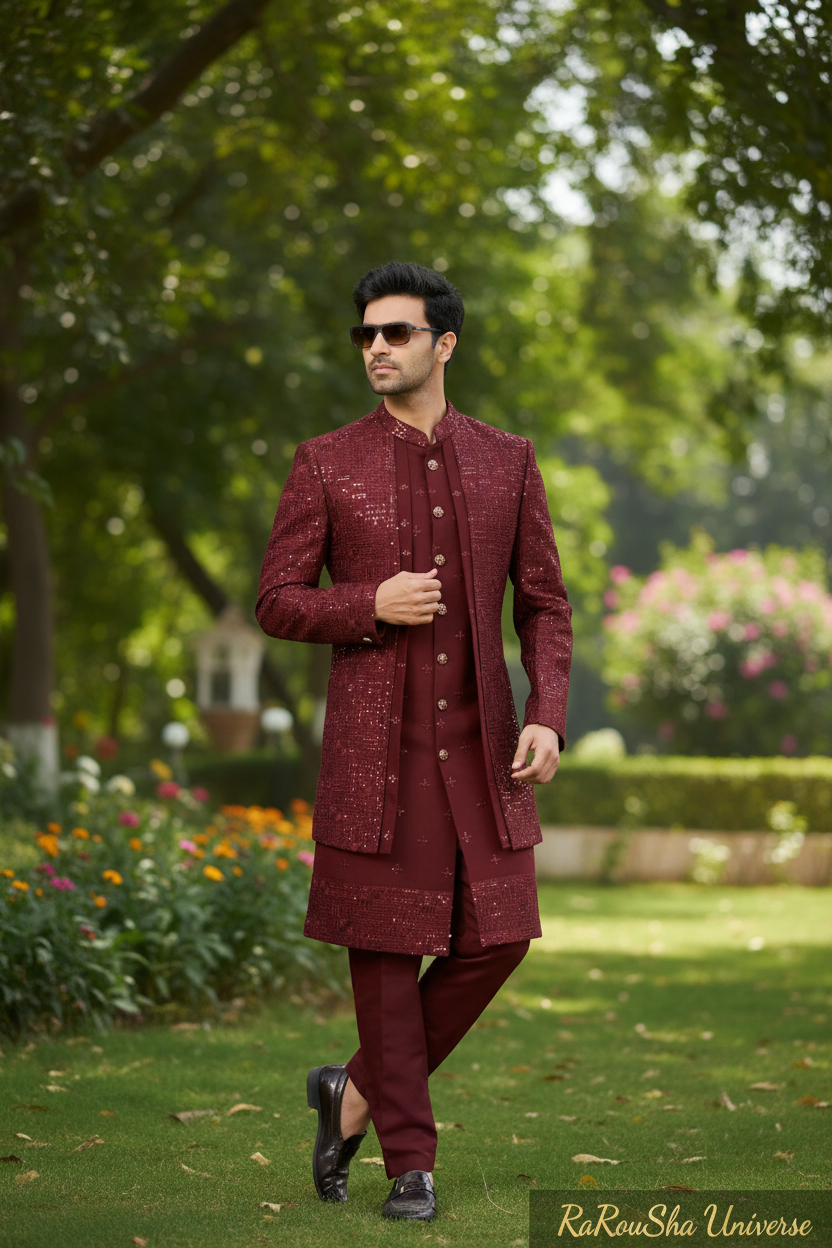 Dulha Sherwani Bordeauxrood Goud - Foto 2