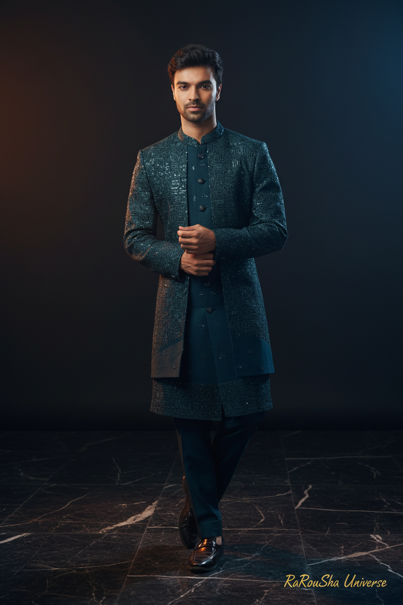 Dulha Sherwani Petrolblauw - Foto 1