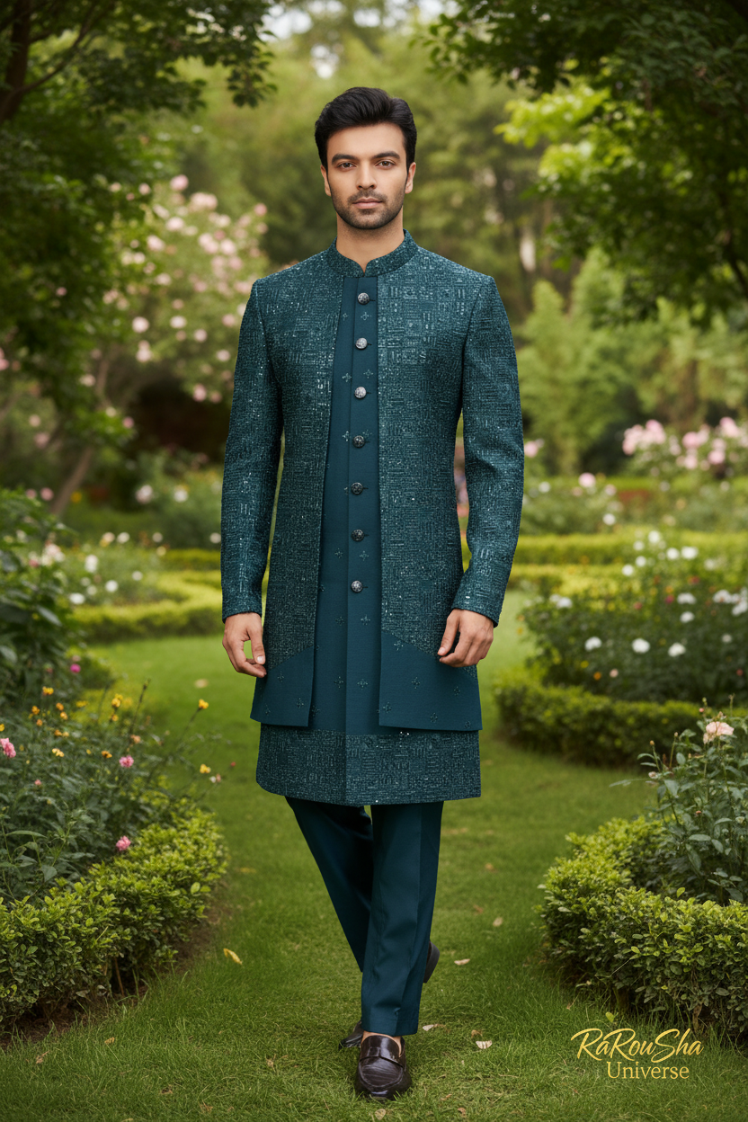 Dulha Sherwani Petrolblauw - Foto 2