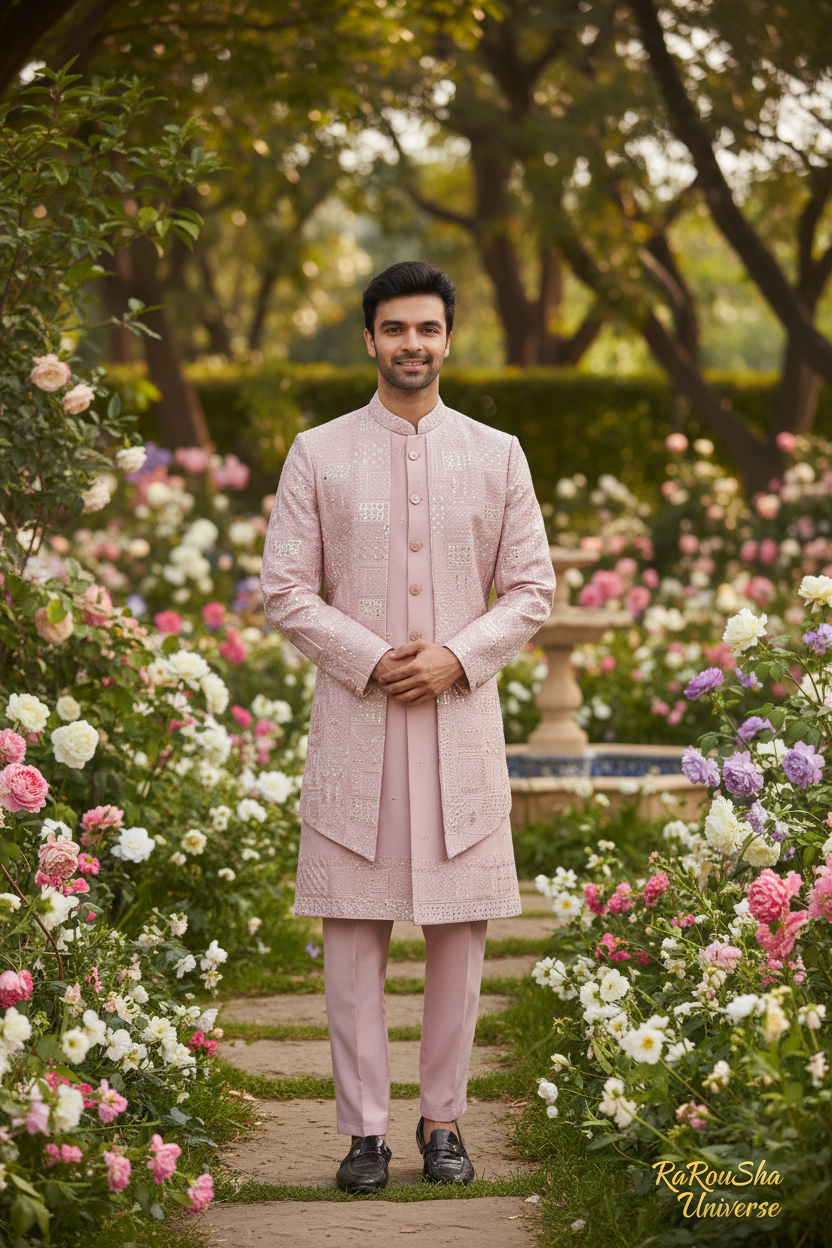 Dulha Sherwani Roze Zilver - Foto 2