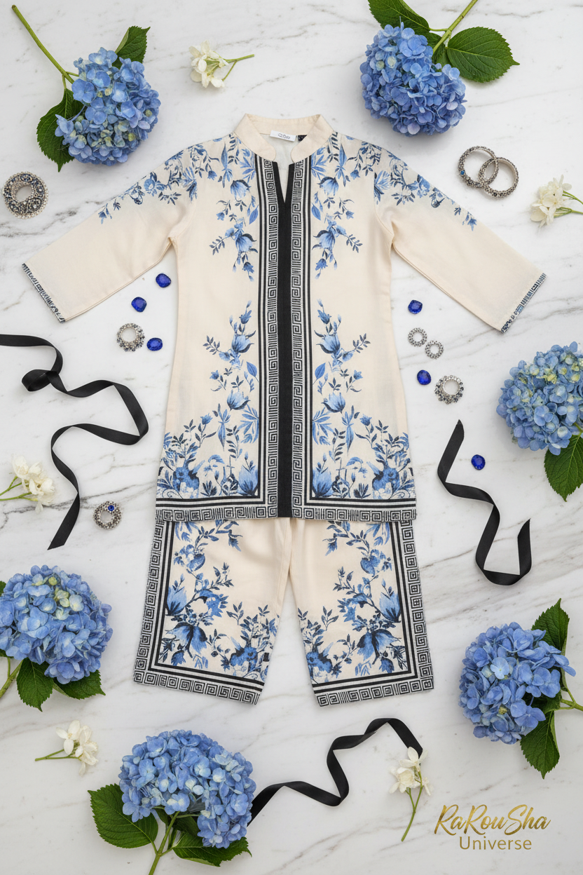Girls Kurti Set Crème Blauw – Flat Lay
