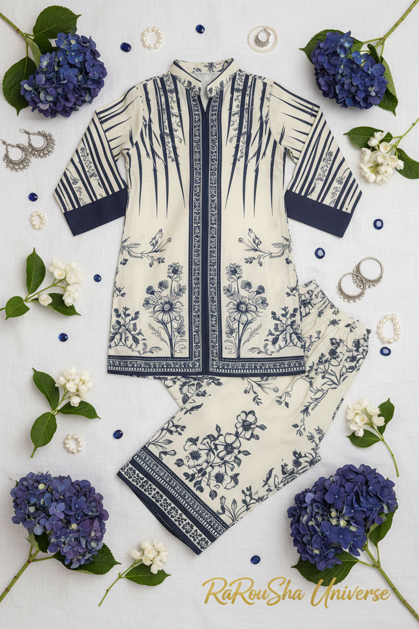 Girls Kurti Set Crème Navy – Flat Lay