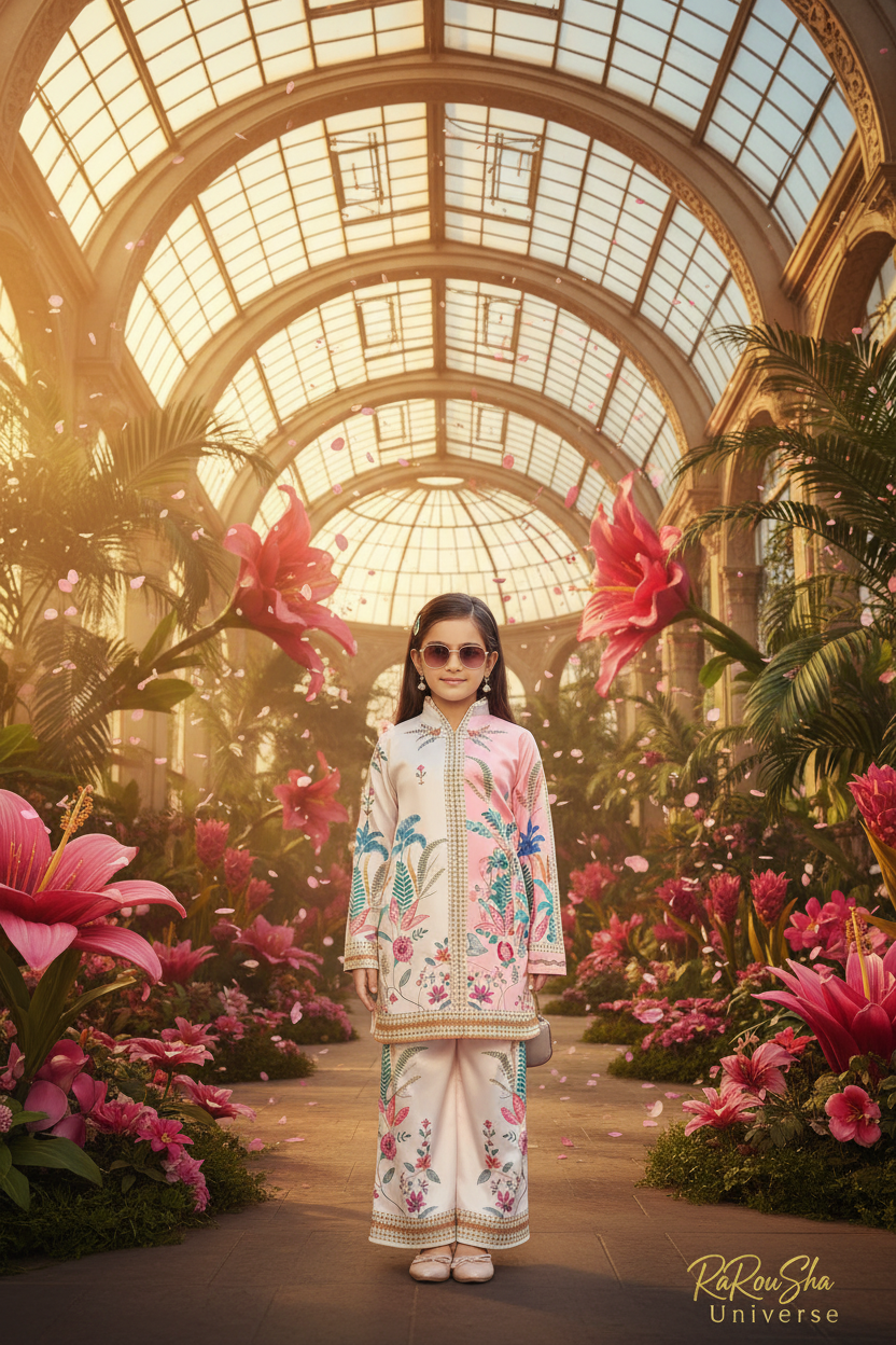 Girls Kurti Set Crème Roze Tropisch – Kas