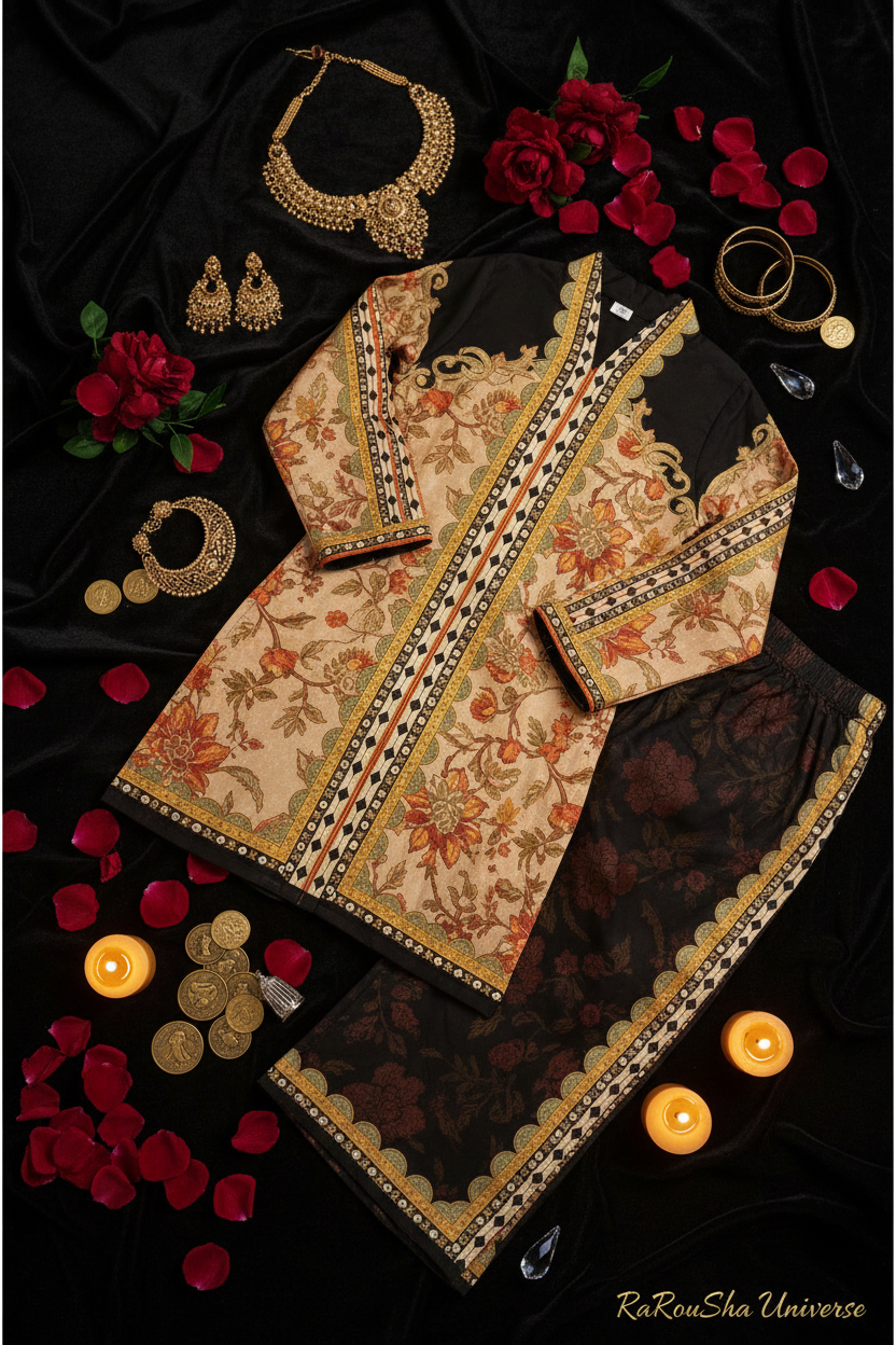 Girls Kurti Set Goud Zwart – Flat Lay