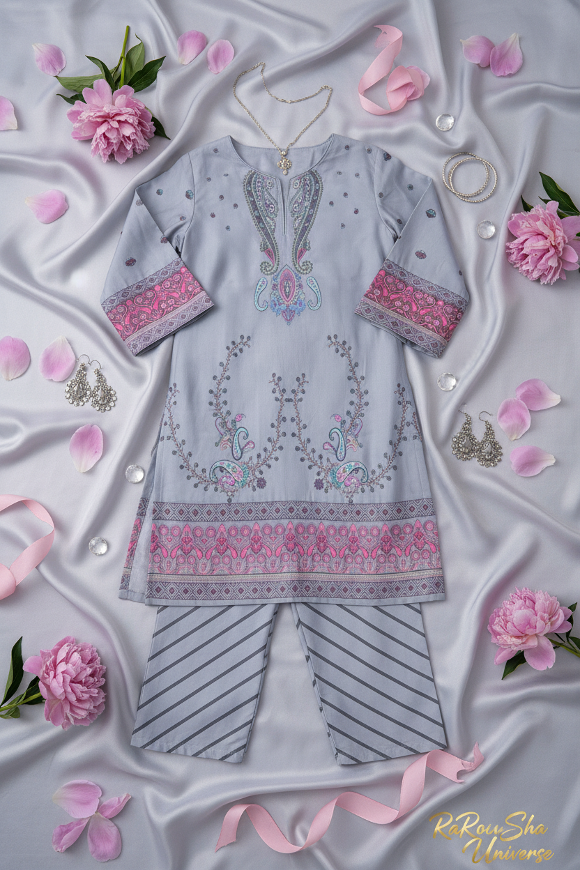 Girls Kurti Set Grijs Blauw – Flat Lay