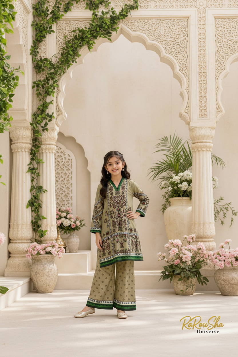 Girls Kurti Set Olijfgroen – Mughal