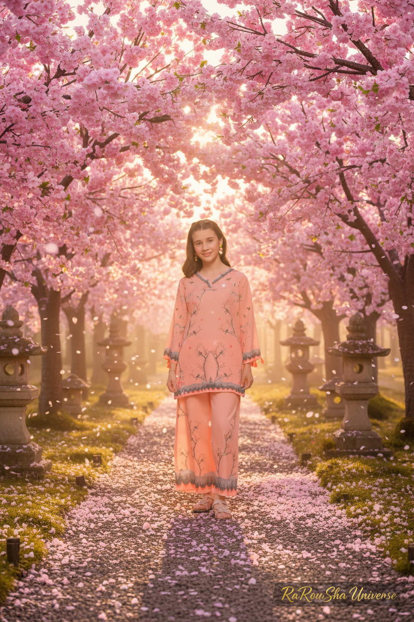 Girls Kurti Set Perzik – Kersenbloesem