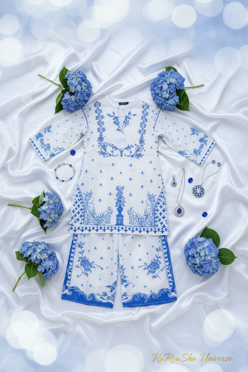 Girls Kurti Set Wit Blauw – Flat Lay