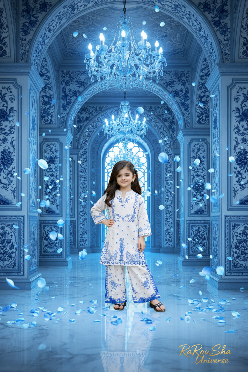Girls Kurti Set Wit Blauw – Paleis