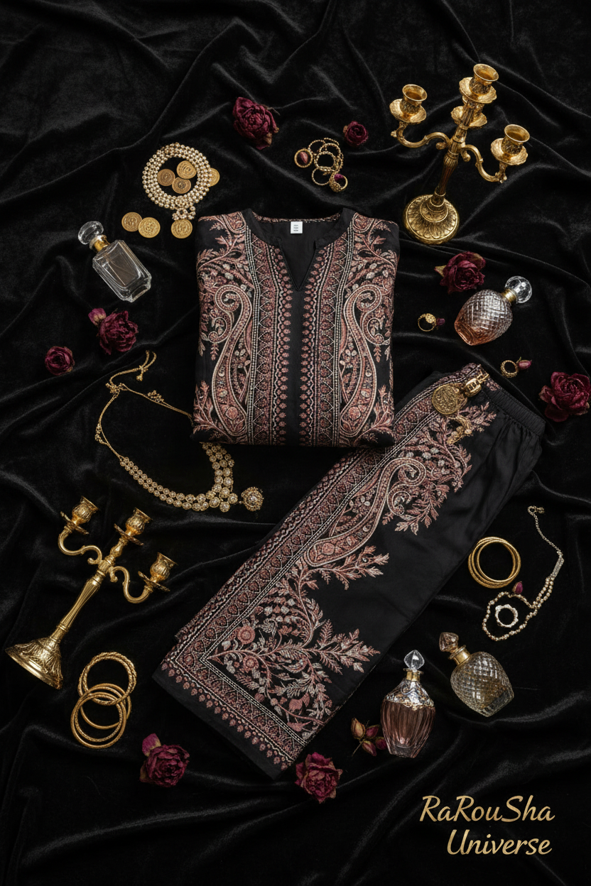 Girls Kurti Set Zwart Goud – Flat Lay