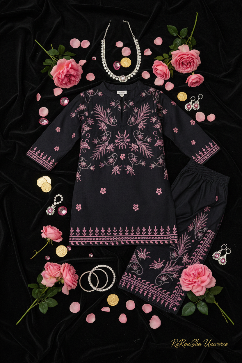 Girls Kurti Set Zwart Roze – Flat Lay