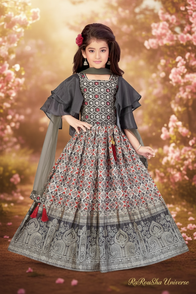 Grijs Print Lehenga - Tuin