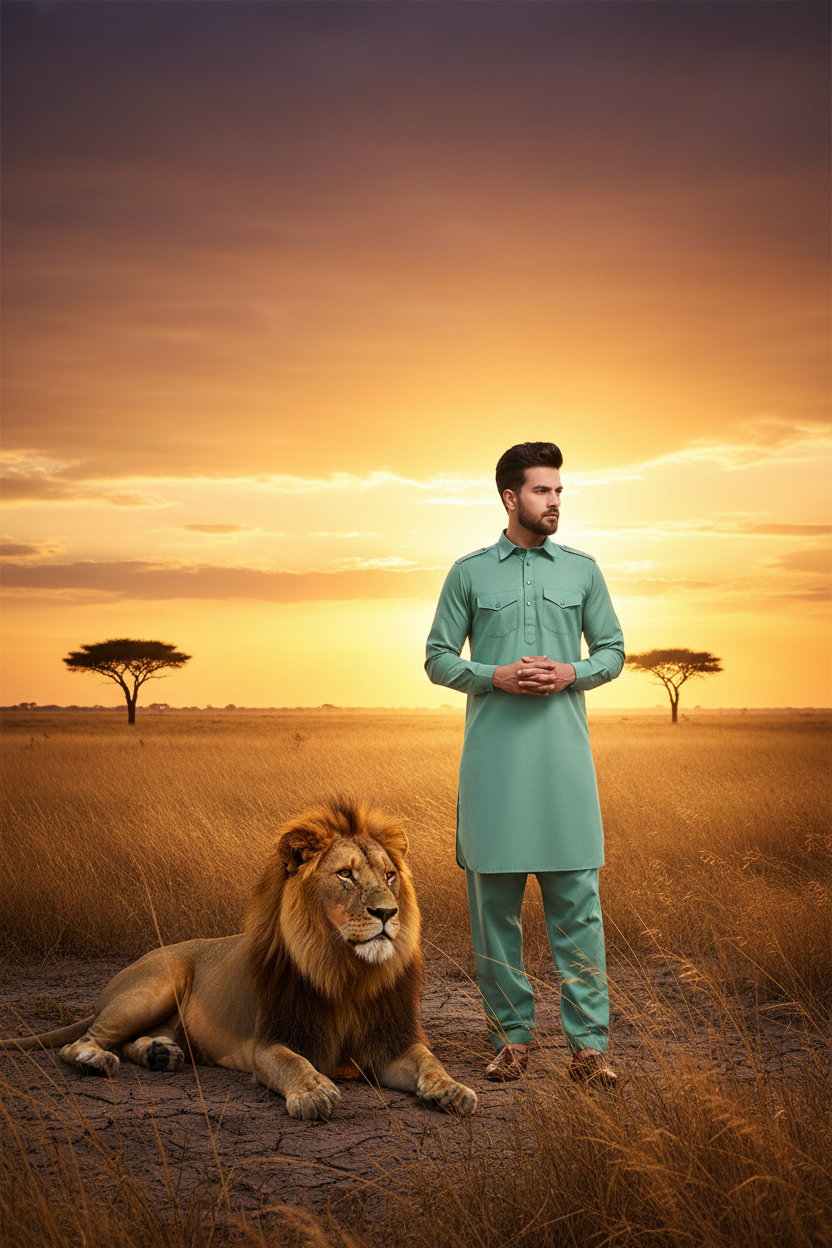 Heren Kurta Kameez Pistache - Savanne met Leeuw