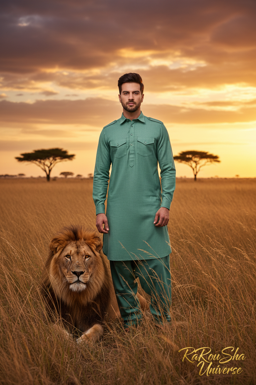 Heren Kurta Kameez Pistache - Savanne met Leeuw