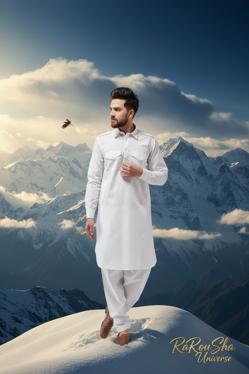 Heren Kurta Kameez Wit - Himalaya Bergpiek