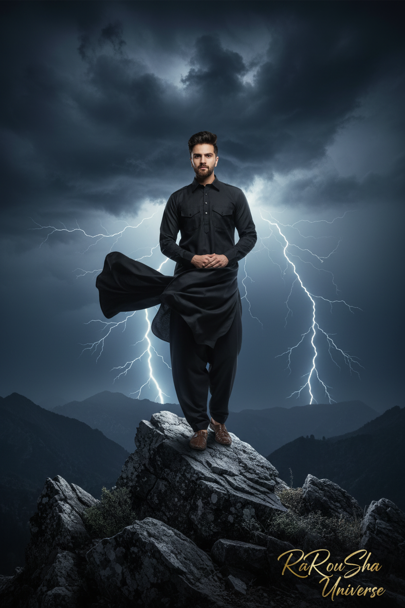 Heren Kurta Kameez Zwart - Bergpiek Onweer