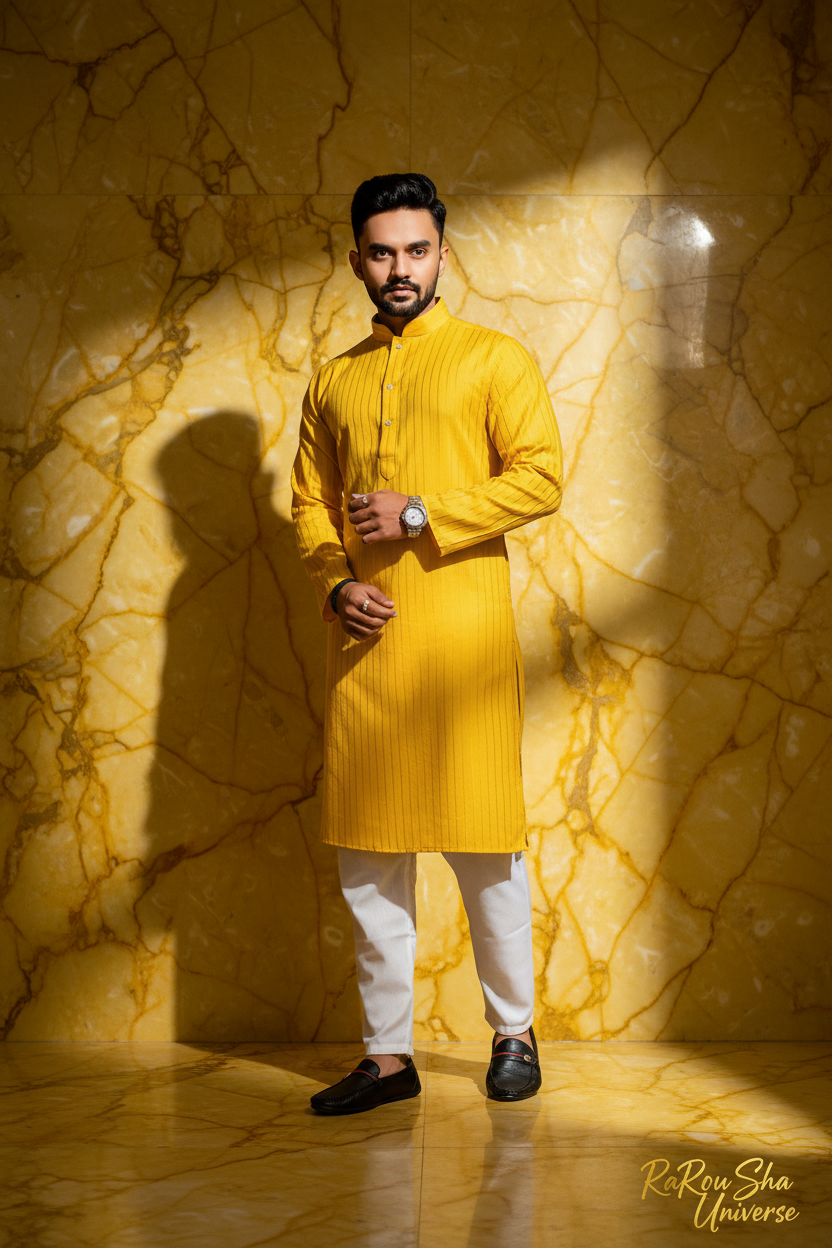 Heren Kurta Pajama Geel Marmer Editorial