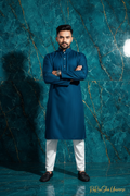 Heren Kurta Pajama Petrolblauw Marmer Editorial