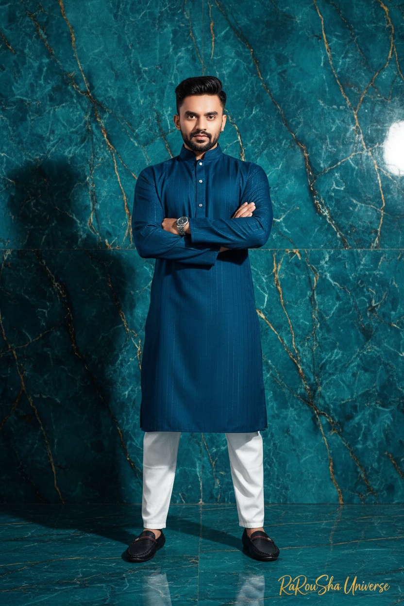 Heren Kurta Pajama Petrolblauw Marmer Editorial