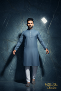 Heren Kurta Pajama Staalblauw Marmer Editorial