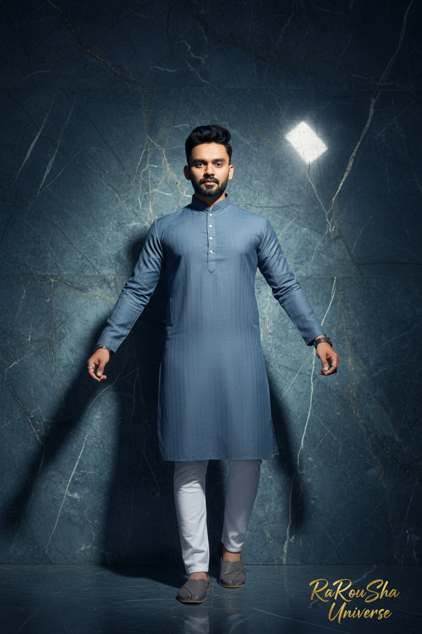 Heren Kurta Pajama Staalblauw Marmer Editorial