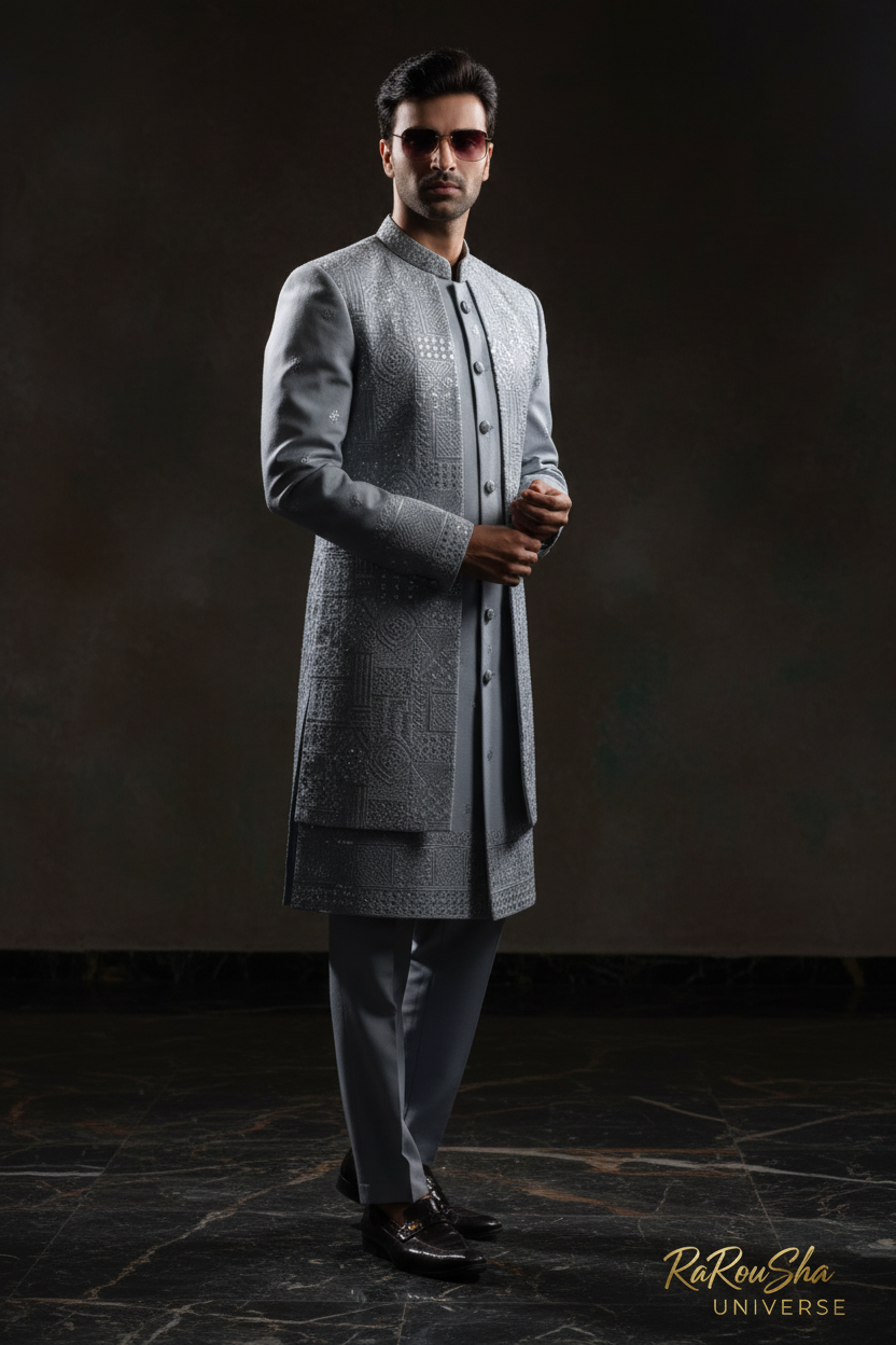 Heren Sherwani IJsblauw Zilver - Foto 1