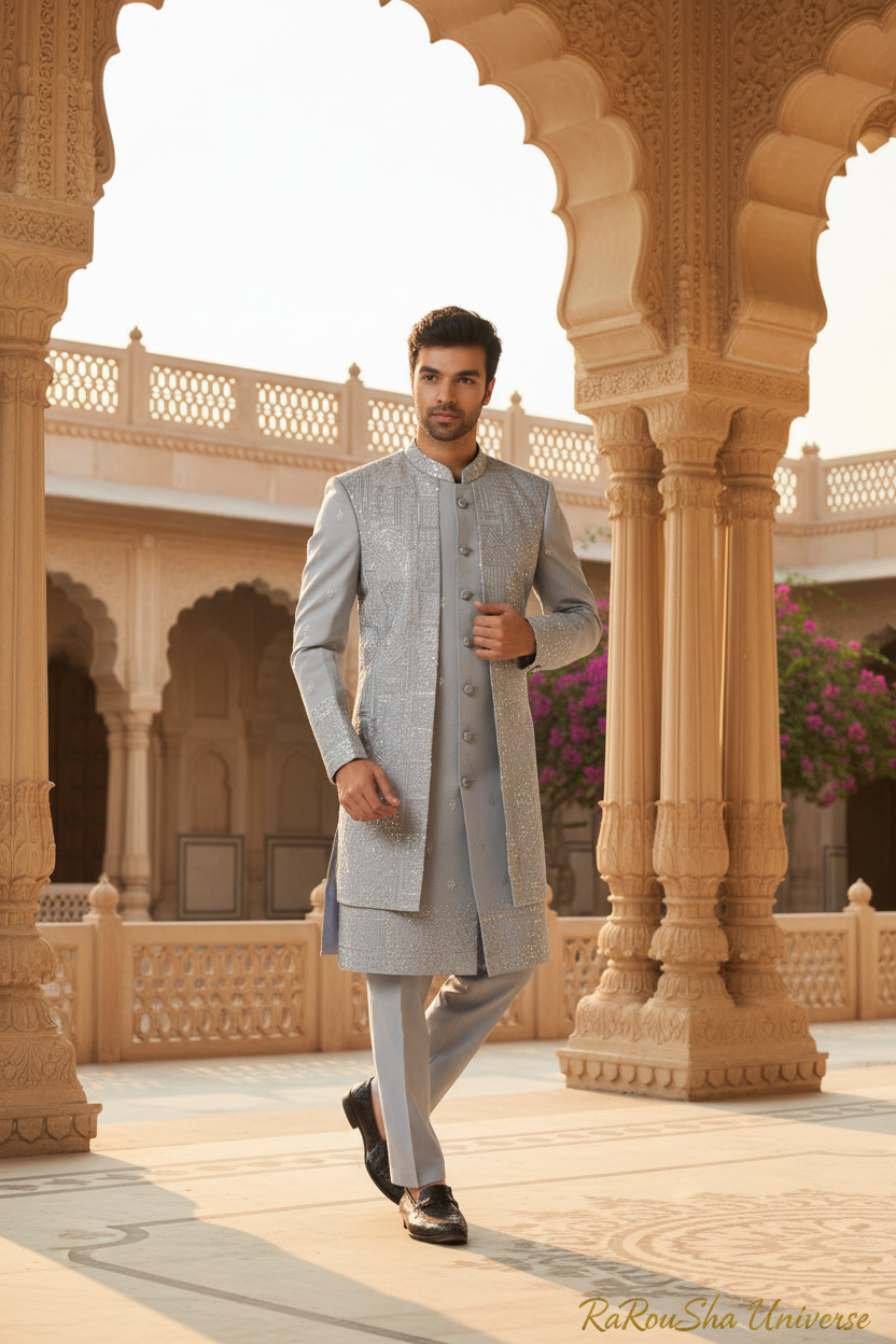 Heren Sherwani IJsblauw Zilver - Foto 2