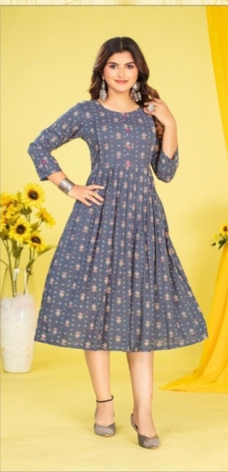 Dames Kurti - Blauwgrijs Bloemenprint