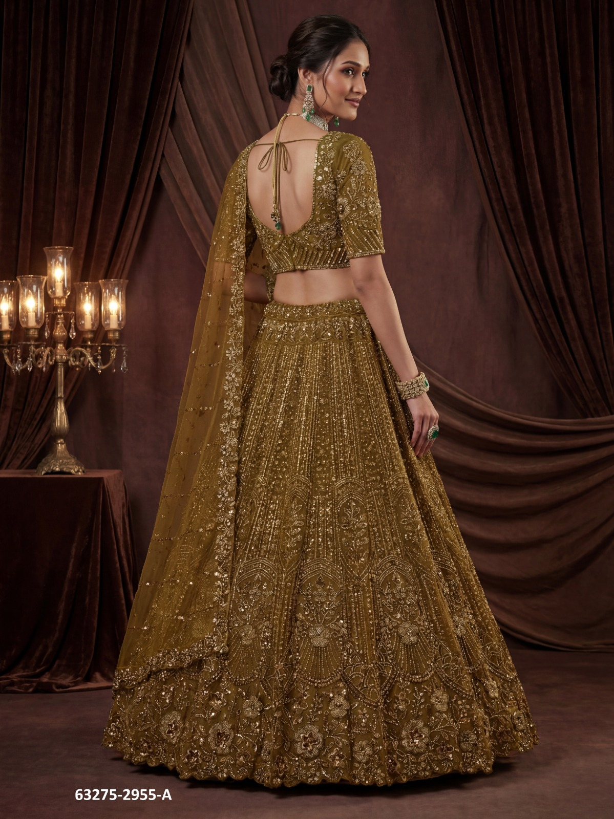 Gold Olive Satin Beadwork Lehenga Set
