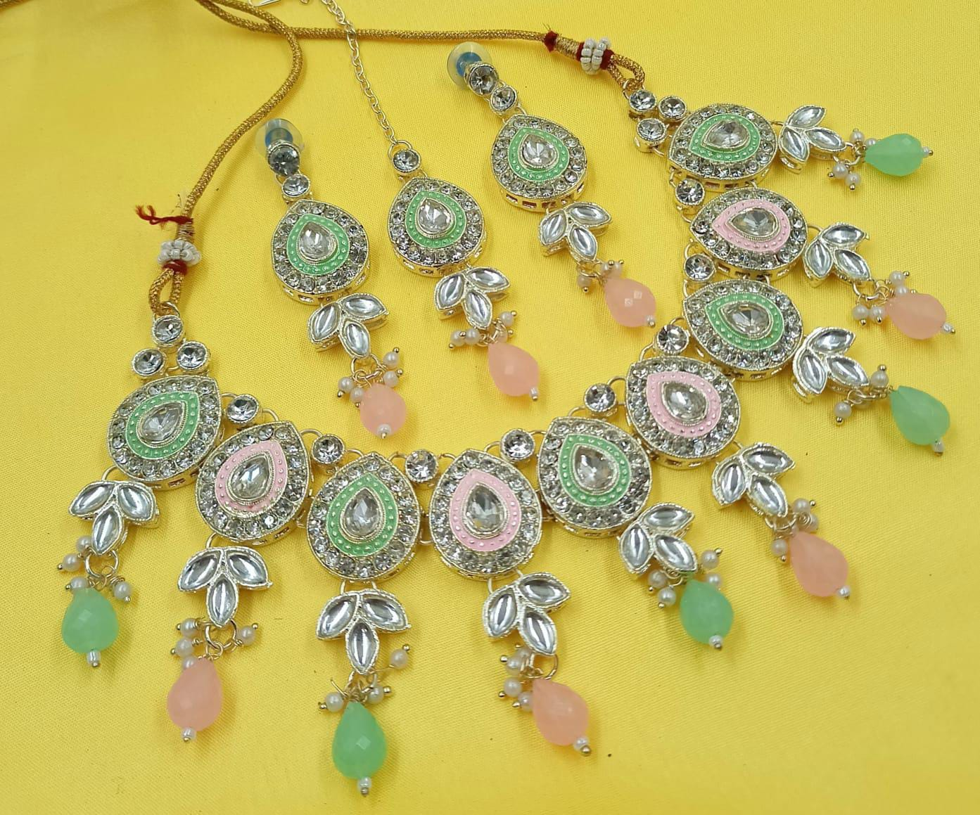 Pastel Kundan Sieradenset | Ketting, Oorbellen & Maang Tikka Mint & Roze
