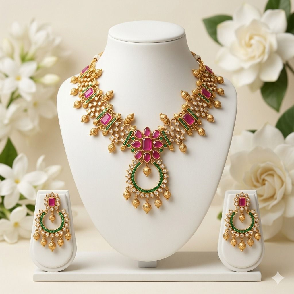 Kundan Ruby & Emerald Sieradenset - Ketting & Oorbellen