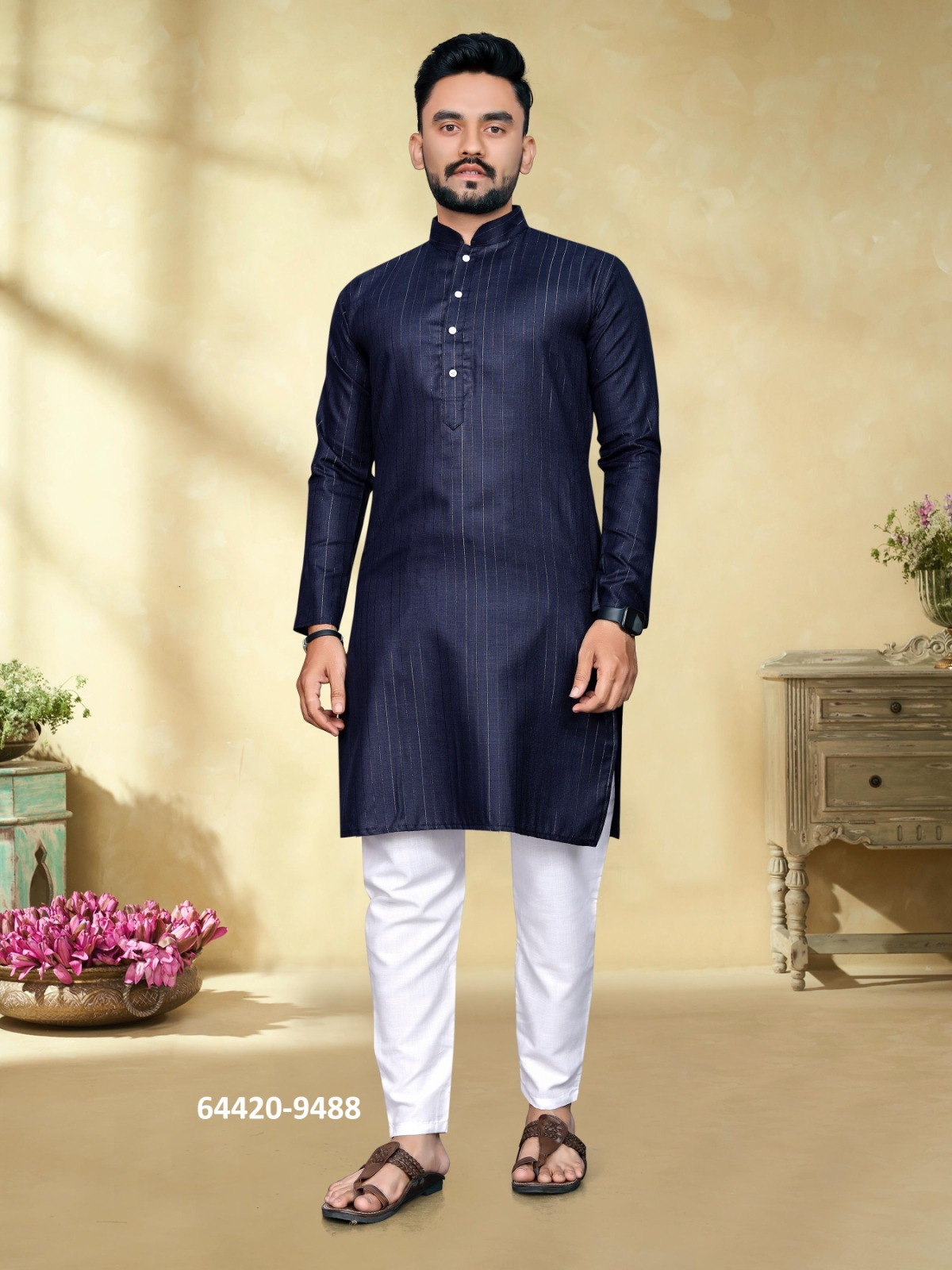 Heren Kurta Pajama - Marineblauw Pure Slub Cotton (9488)