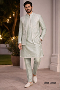 Heren Kurta Pajama met Jacket - Mintgroen Donair Borduurwerk (142014)