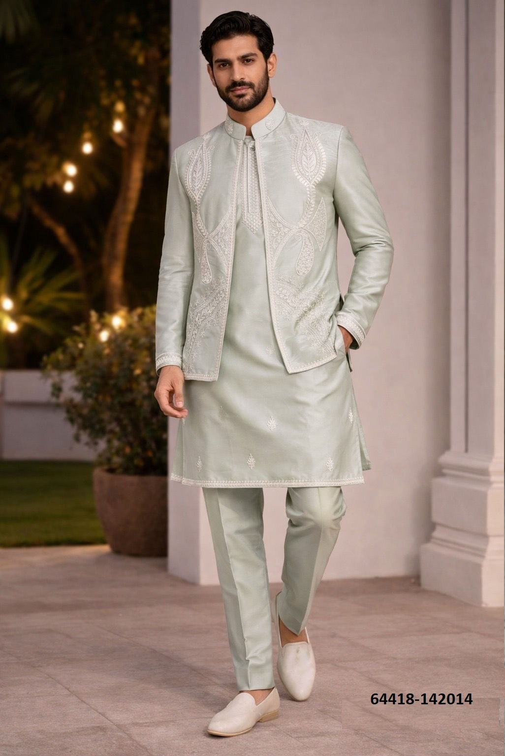 Heren Kurta Pajama met Jacket - Mintgroen Donair Borduurwerk (142014)