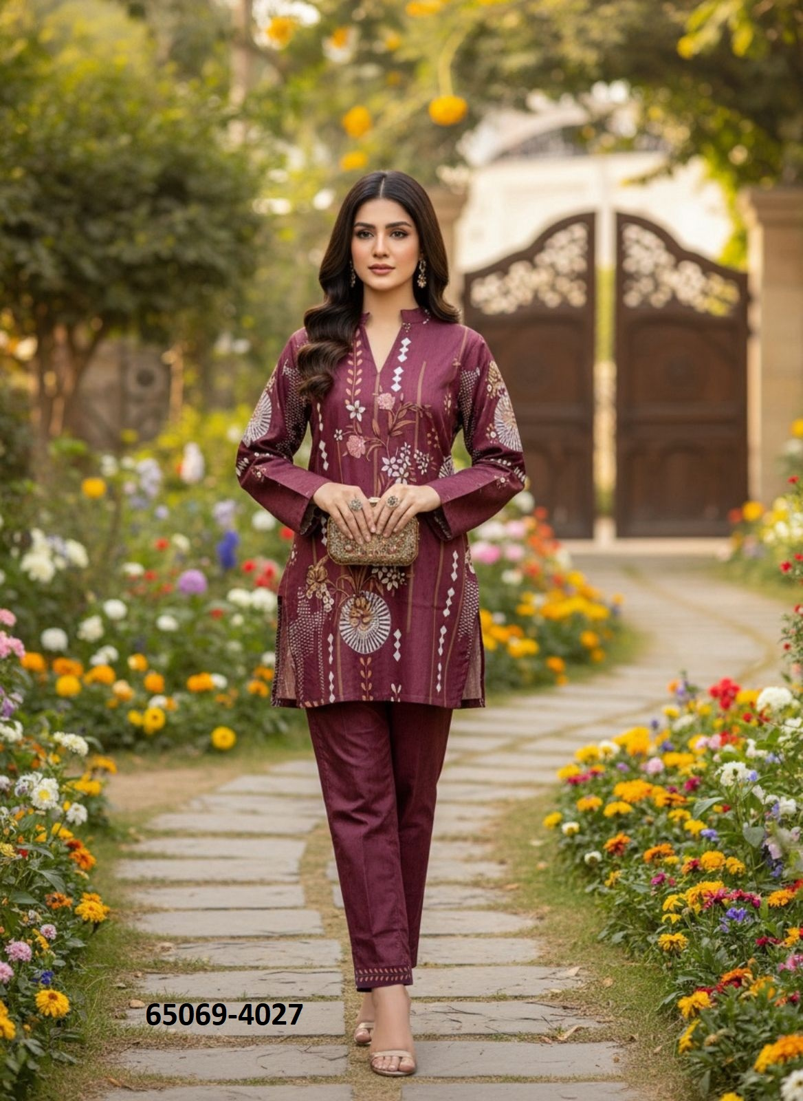 Lora Vogue Co-ord Set - Bordeauxpaars met Witte Bloemen Print